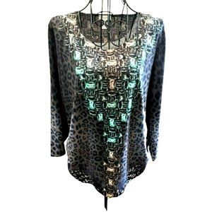 CHICO'S Leopard Print Pullover Top with Ruched Sides and Rhinestones SZ L(12)